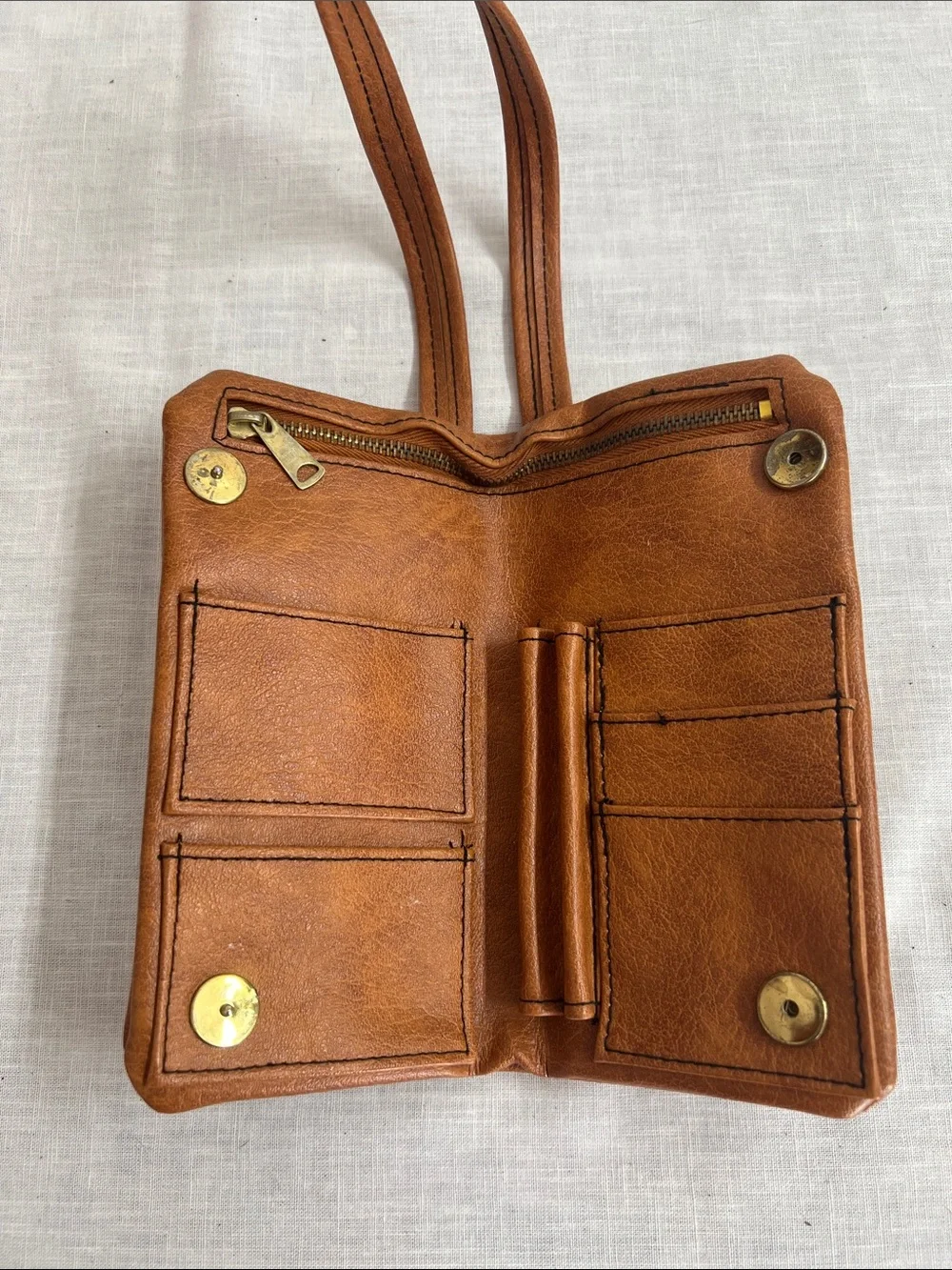 🌞 Classic Vintage 60s 70s Brown wallet billfold Front Pocket snaps closed strap
